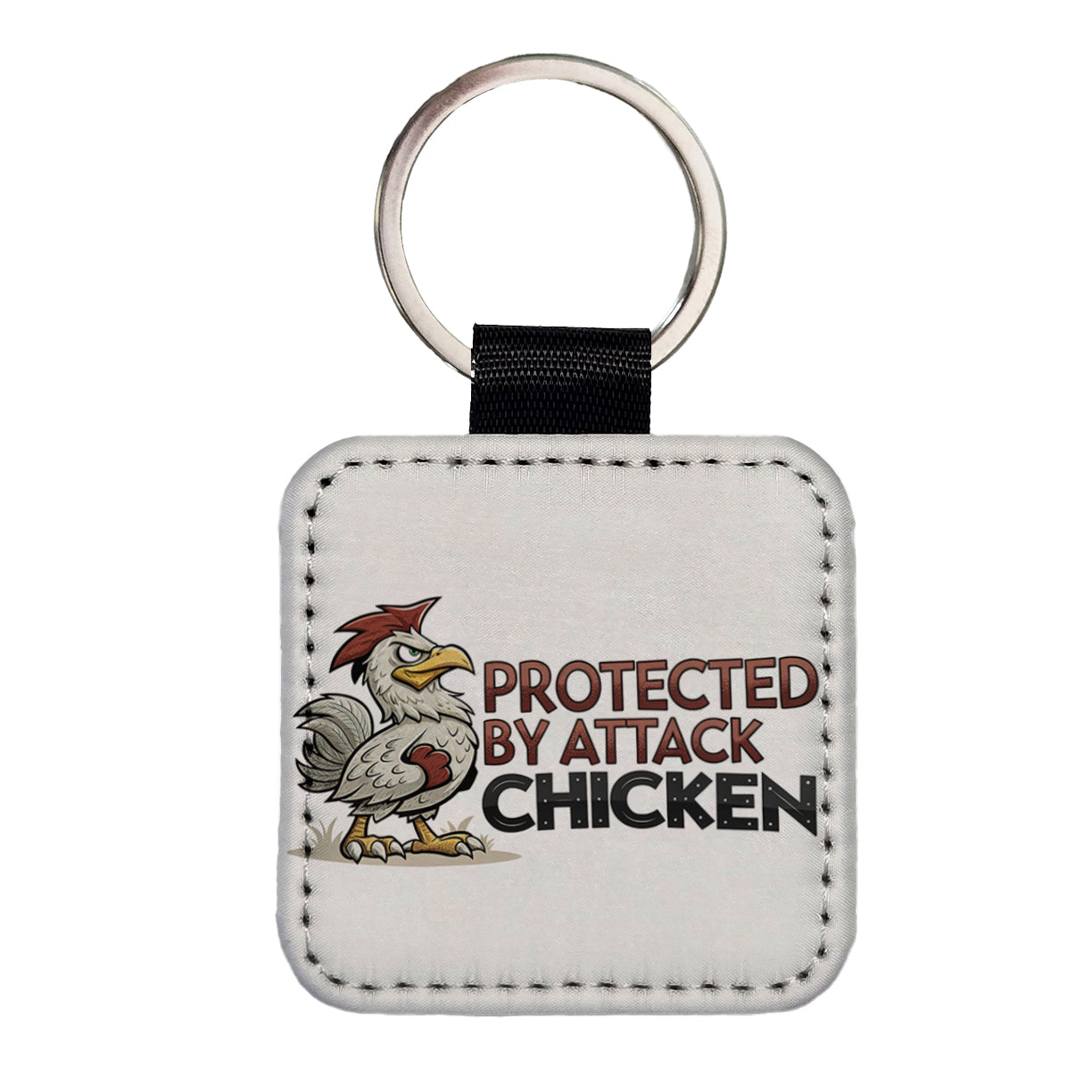 Protected By Attack Chicken Funny Square Faux Leather Keychain