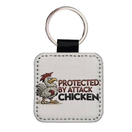 Protected By Attack Chicken Funny Square Faux Leather Keychain