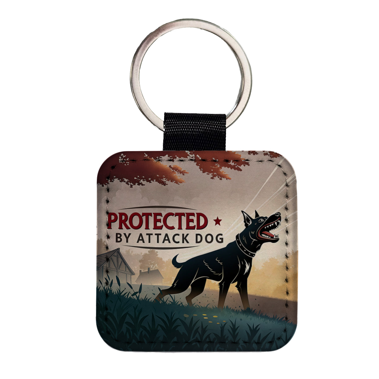 Protected By Attack Dog Square Faux Leather Keychain