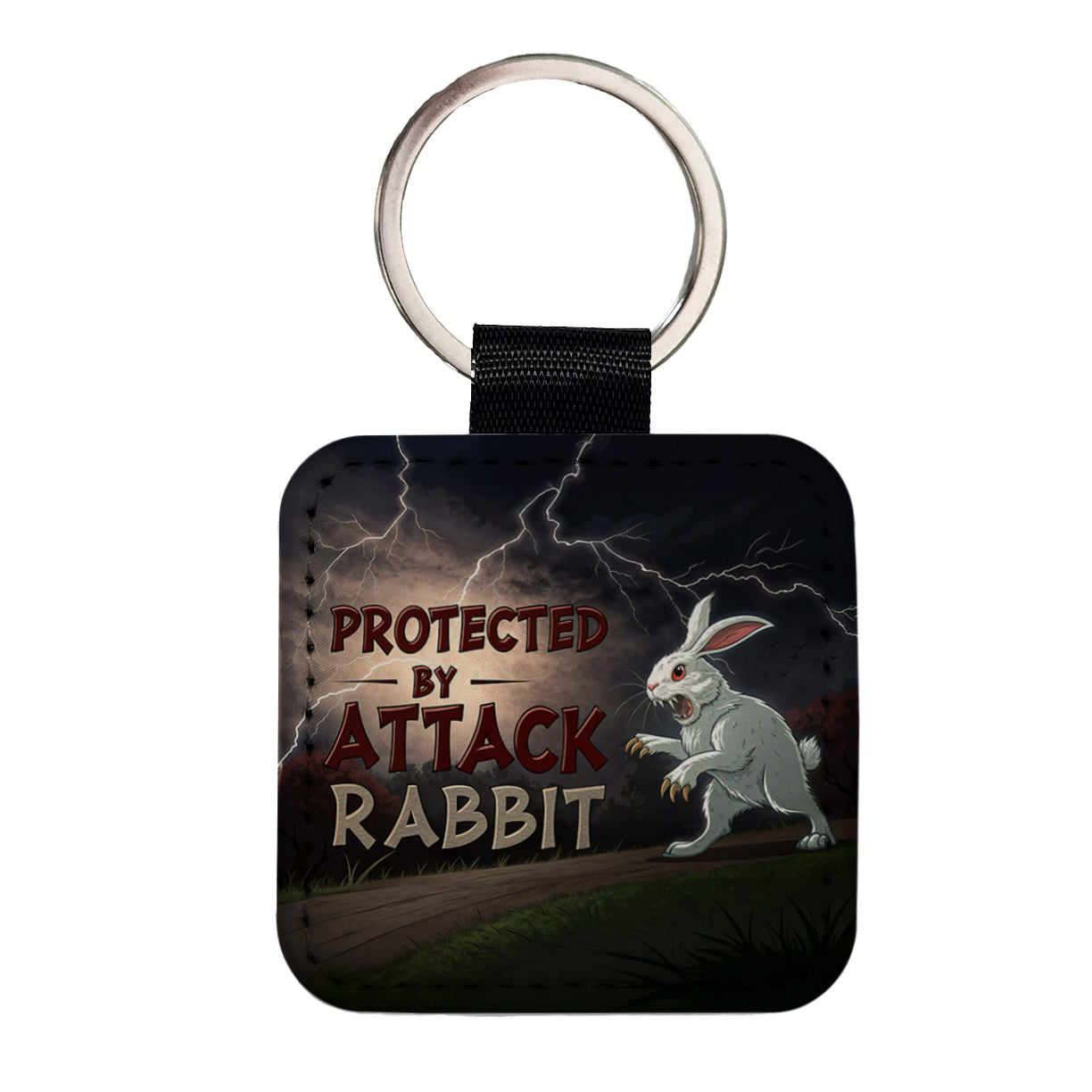 Protected By Attack Rabbit Vicious White Funny Bunny Square Faux Leather Keychain