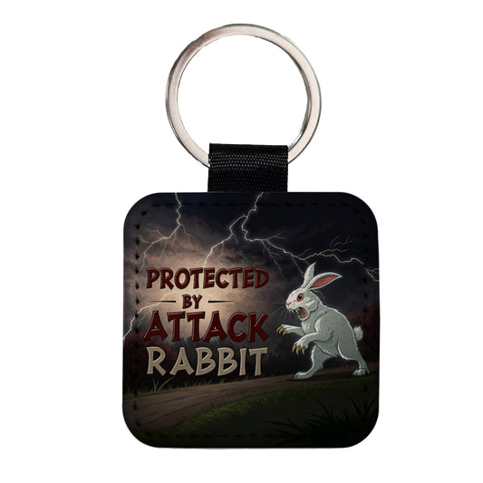 Protected By Attack Rabbit Vicious White Funny Bunny Square Faux Leather Keychain
