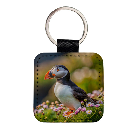 Puffin Bird Photograph Square Faux Leather Keychain
