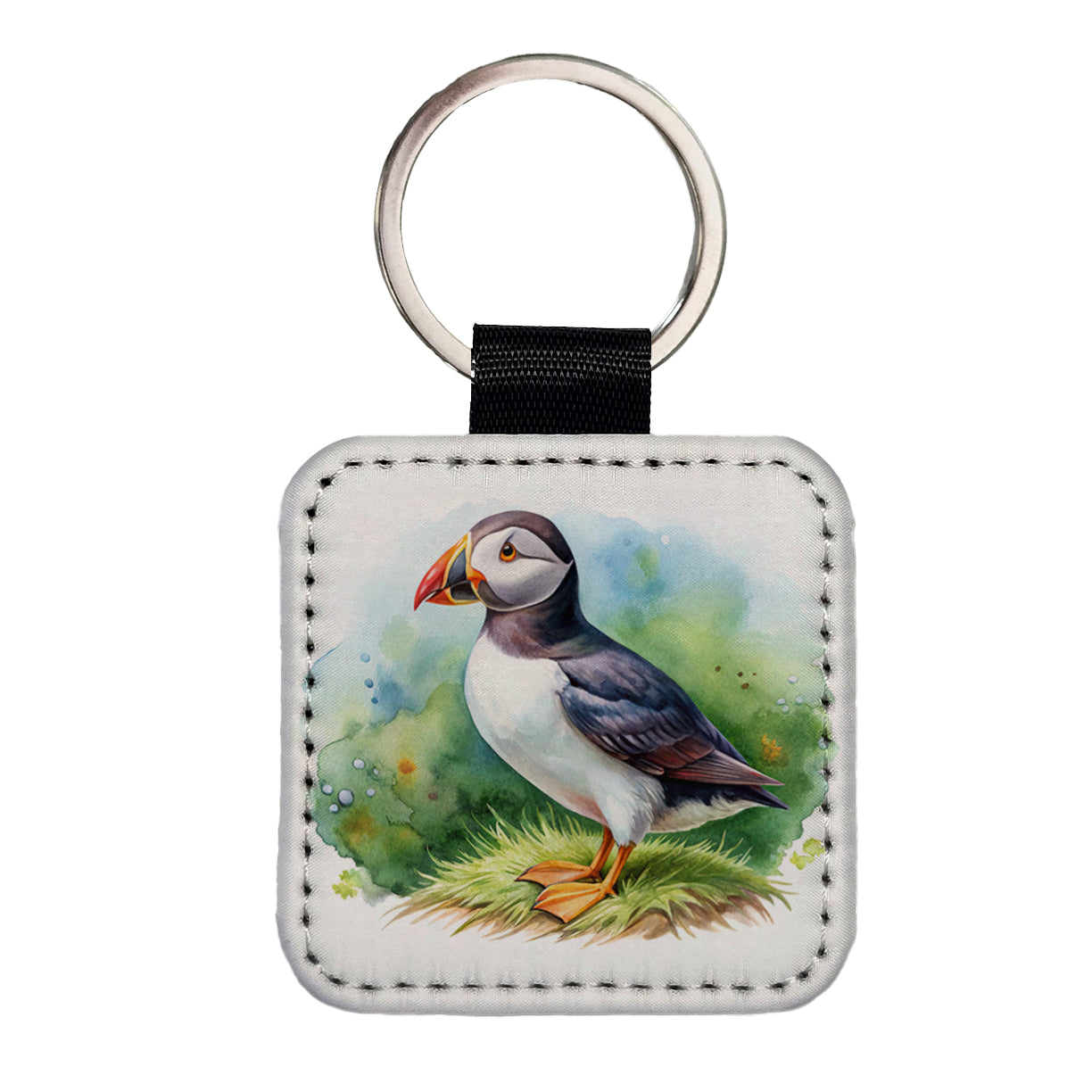 Puffin Bird Watercolor Square Faux Leather Keychain