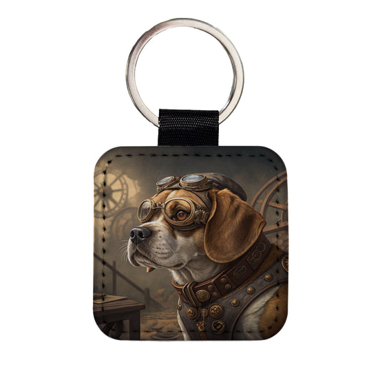 Puggle Dog Steampunk Square Faux Leather Keychain