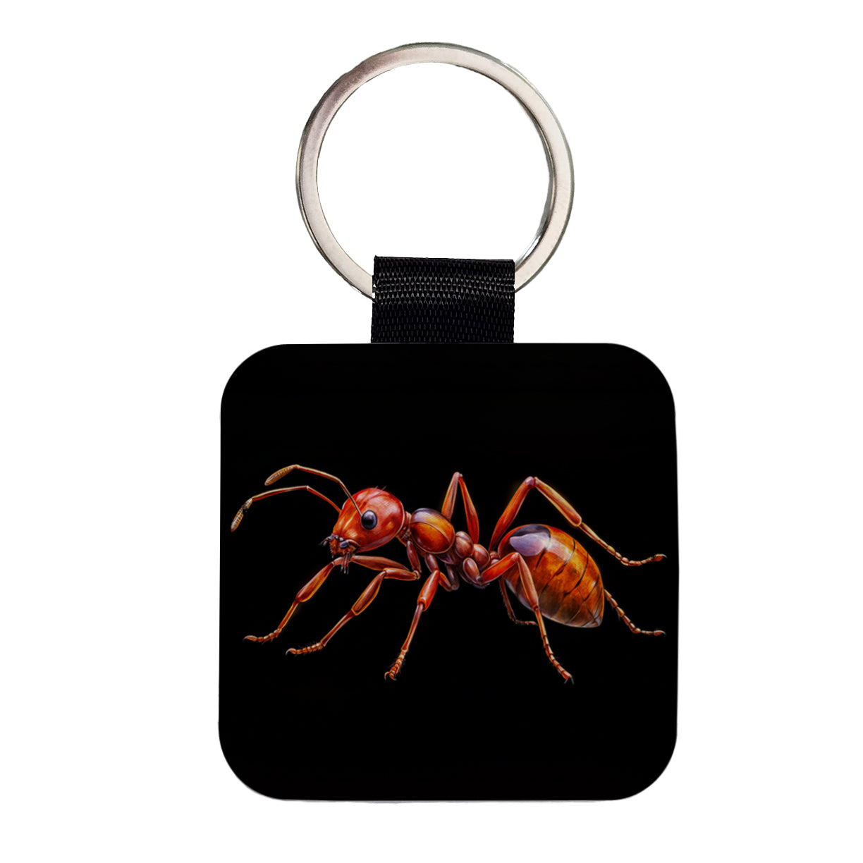 Red Fire Ant Watercolor Black Background Square Faux Leather Keychain