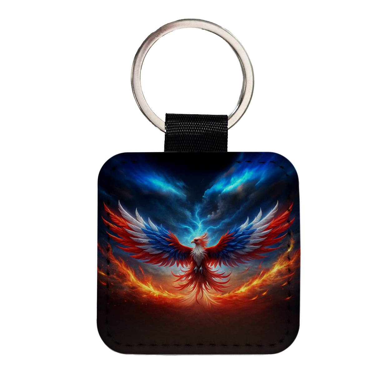 Red White And Blue Phoenix Rising Square Faux Leather Keychain