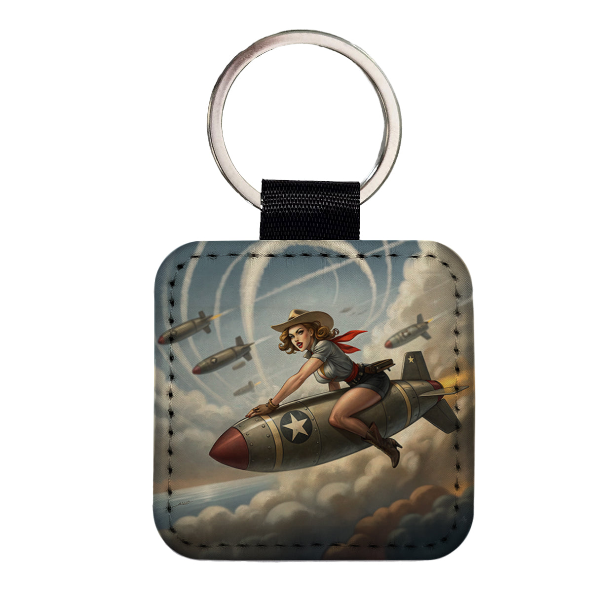 Rockabilly Patriotic Pin-Up Cowgirl Riding Bomb Funny Square Faux Leather Keychain