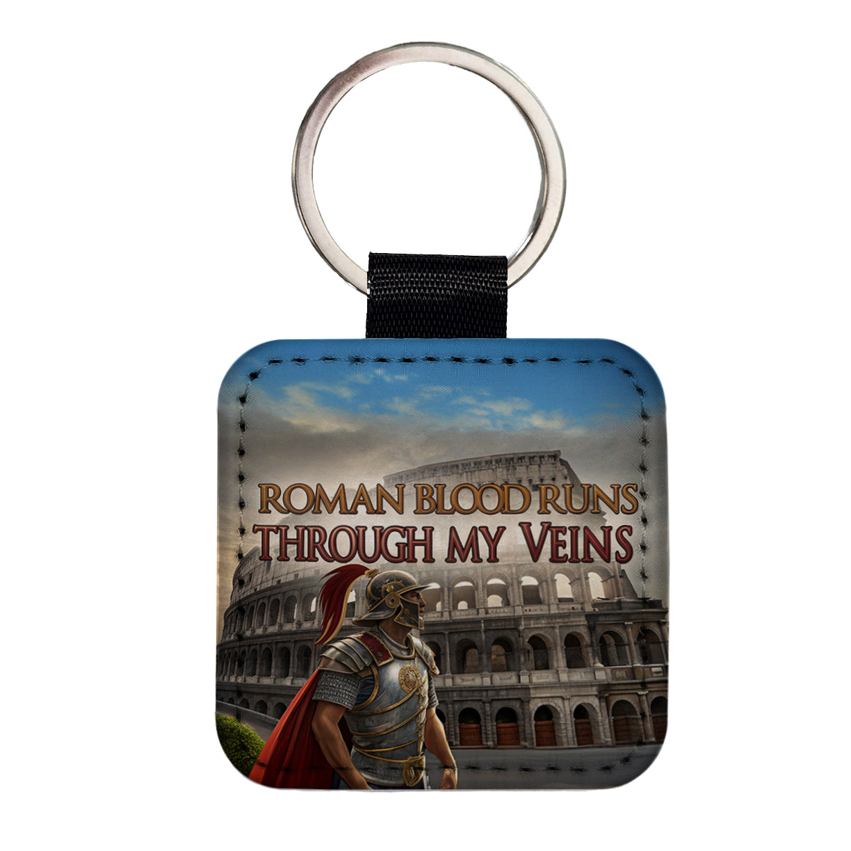 Roman Blood Runs Through My Veins Colosseum Italian Square Faux Leather Keychain