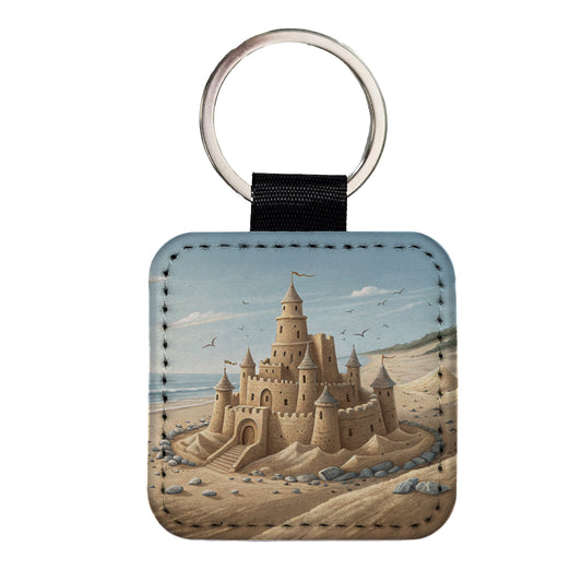 Sandcastle On Beach Square Faux Leather Keychain