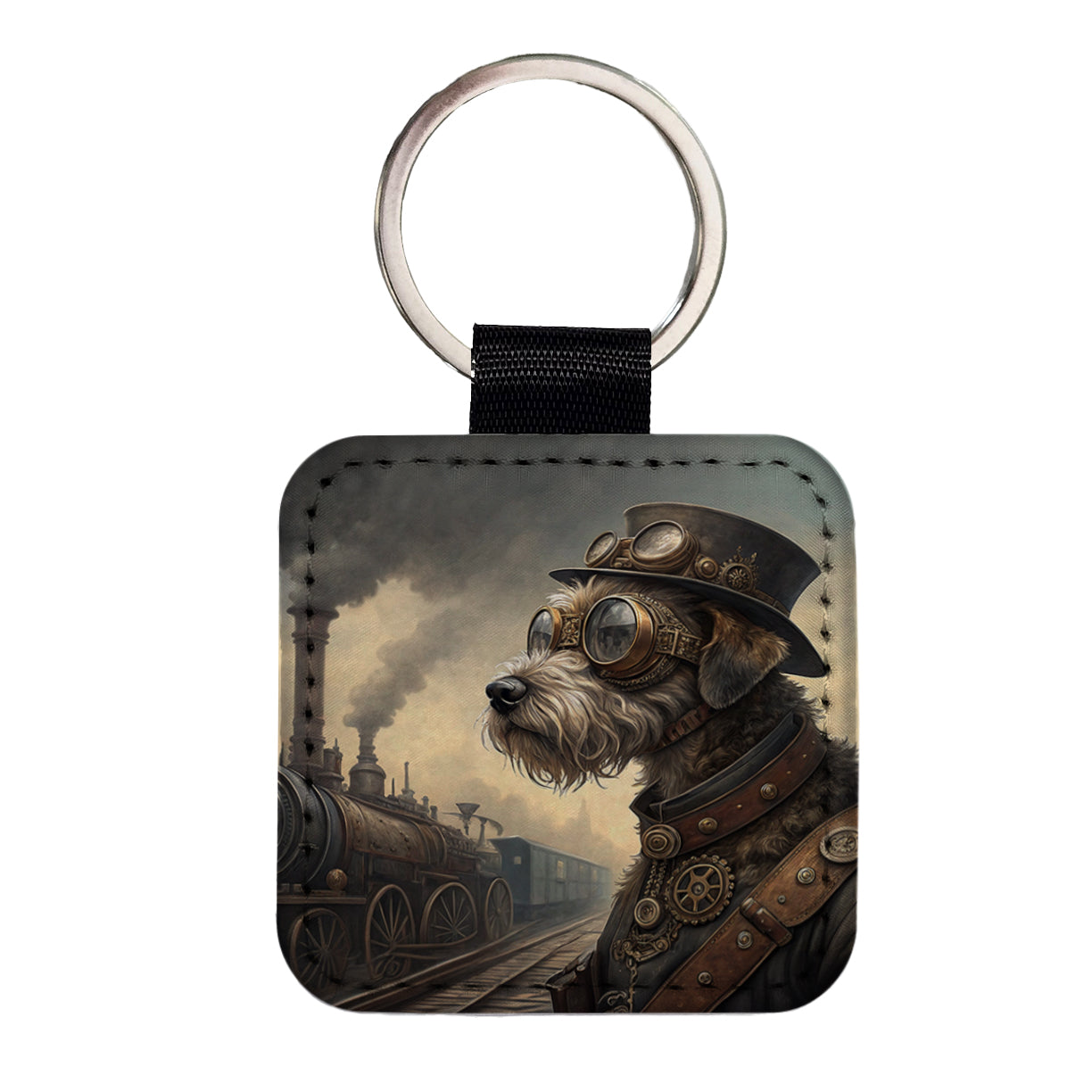 Schnoodle Dog Steampunk Square Faux Leather Keychain