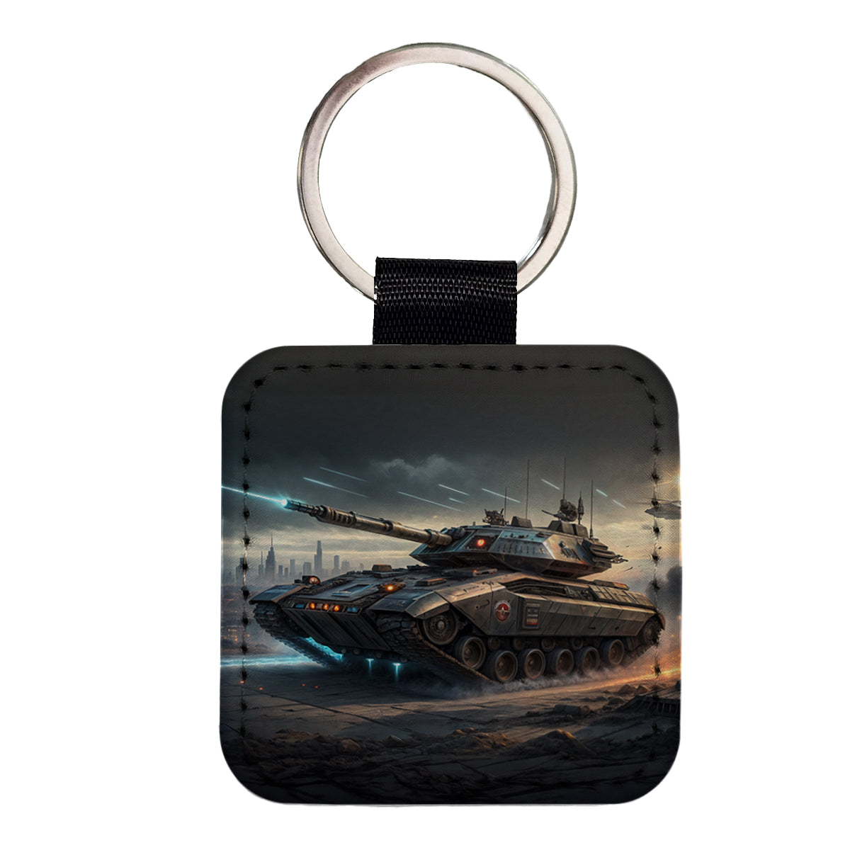 Sci-Fi Tank In Battle Square Faux Leather Keychain