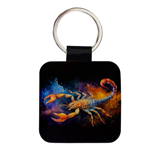 Scorpion Watercolor Black Background Square Faux Leather Keychain