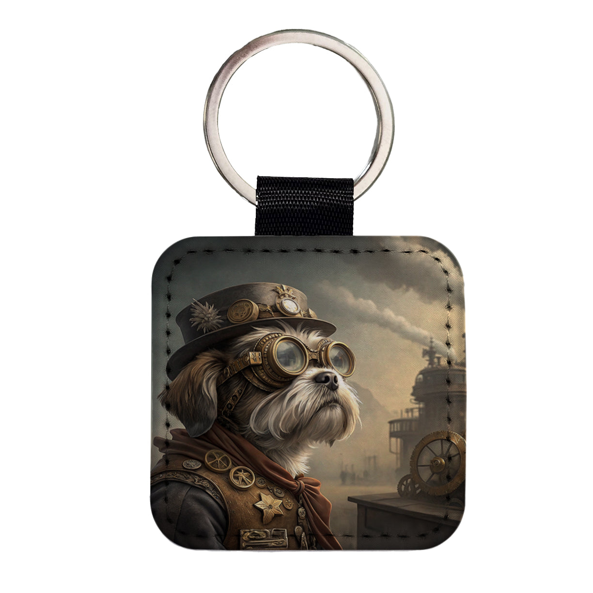 Shih Tzu Dog Steampunk Square Faux Leather Keychain