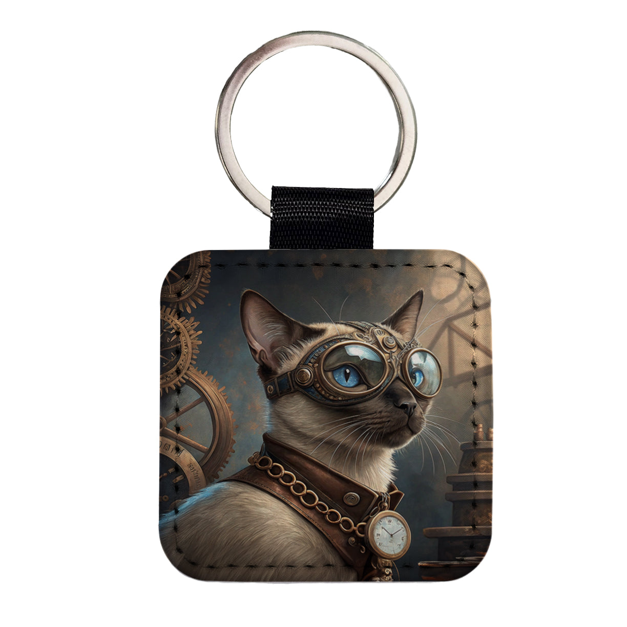 Siamese Cat Steampunk Square Faux Leather Keychain