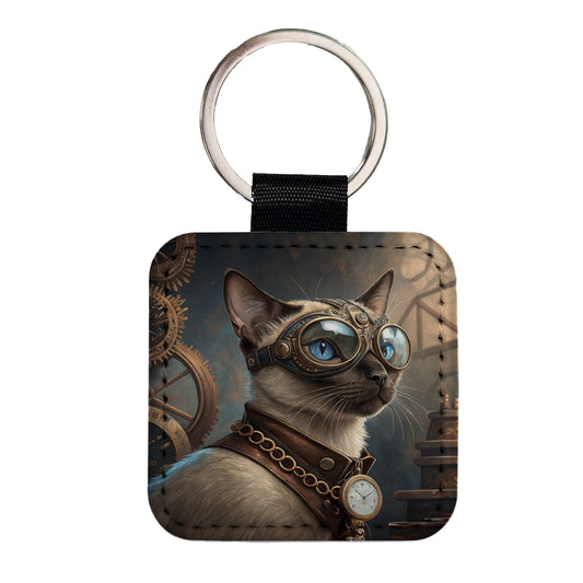 Siamese Cat Steampunk Square Faux Leather Keychain