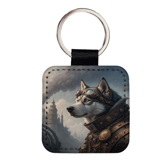 Siberian Husky Dog Steampunk Square Faux Leather Keychain