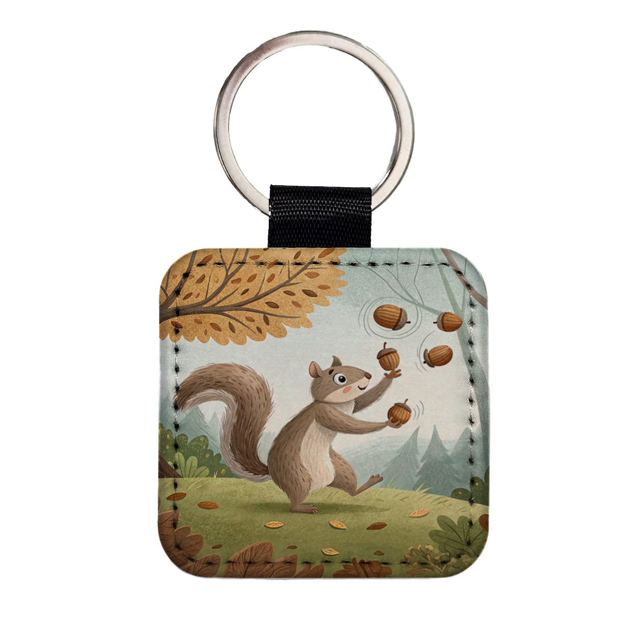 Squirrel Juggling His Acorns Nuts Square Faux Leather Keychain