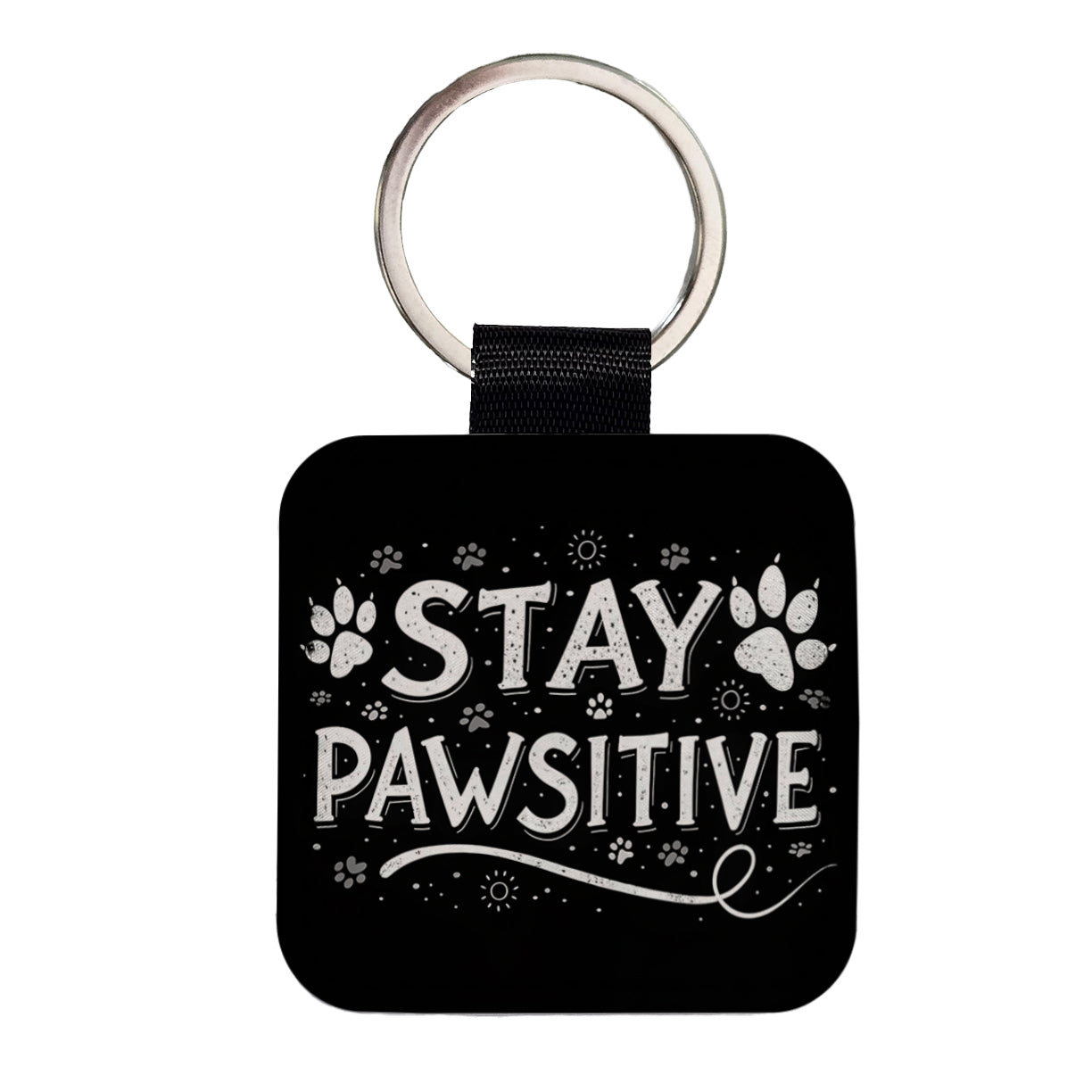 Stay Pawsitive Positive Black White Paw Prints Square Faux Leather Keychain