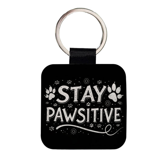 Stay Pawsitive Positive Black White Paw Prints Square Faux Leather Keychain