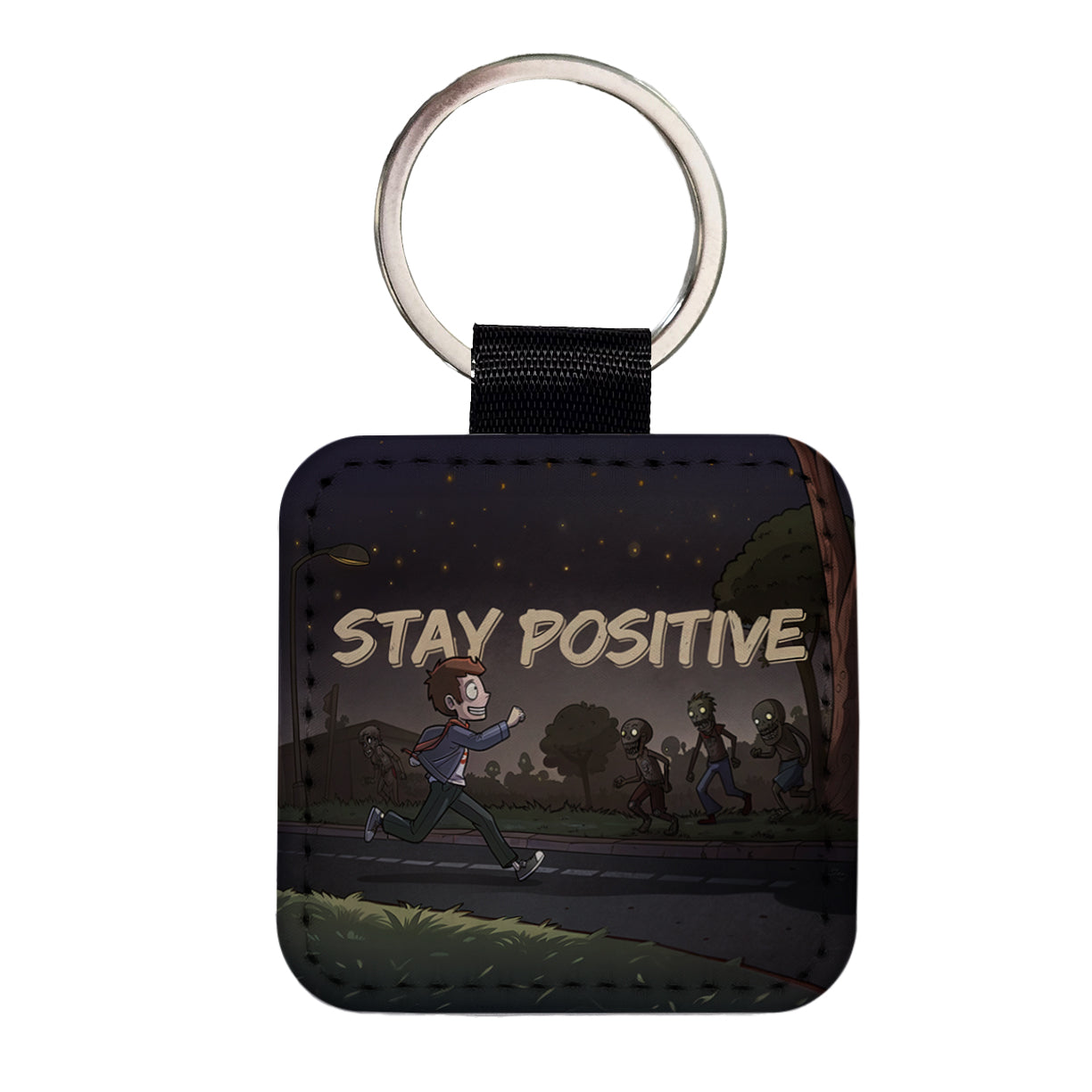 Stay Positive Funny Zombie Cartoon Square Faux Leather Keychain