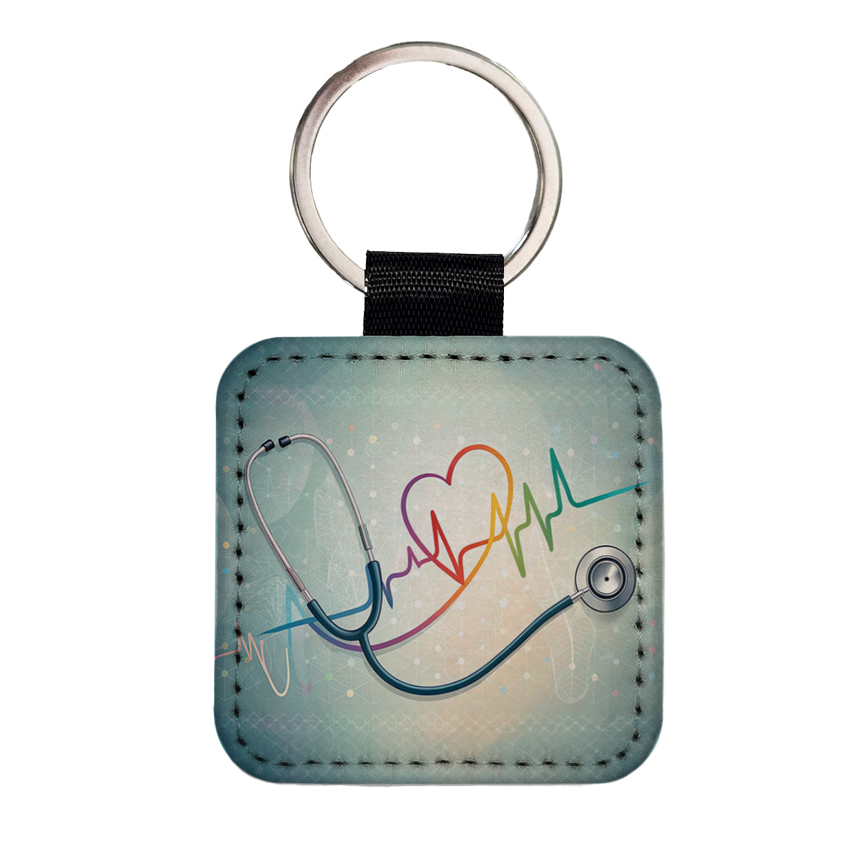 Stethoscope Heartbeat Medical Doctor Nurse EMT Square Faux Leather Keychain
