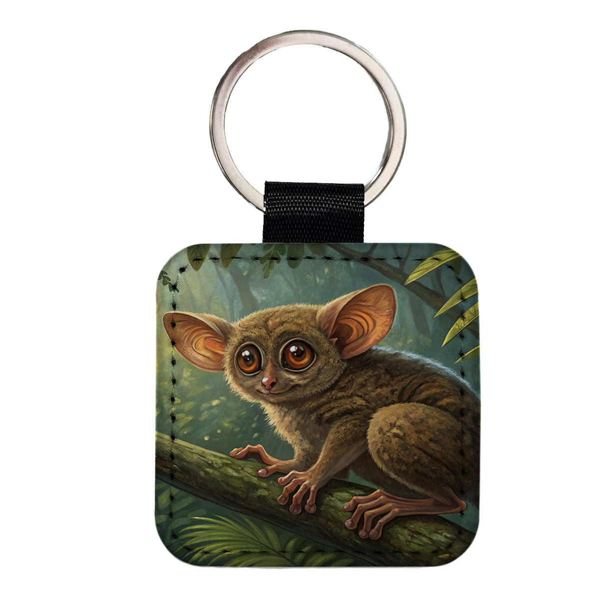 Tarsier Illustration Square Faux Leather Keychain