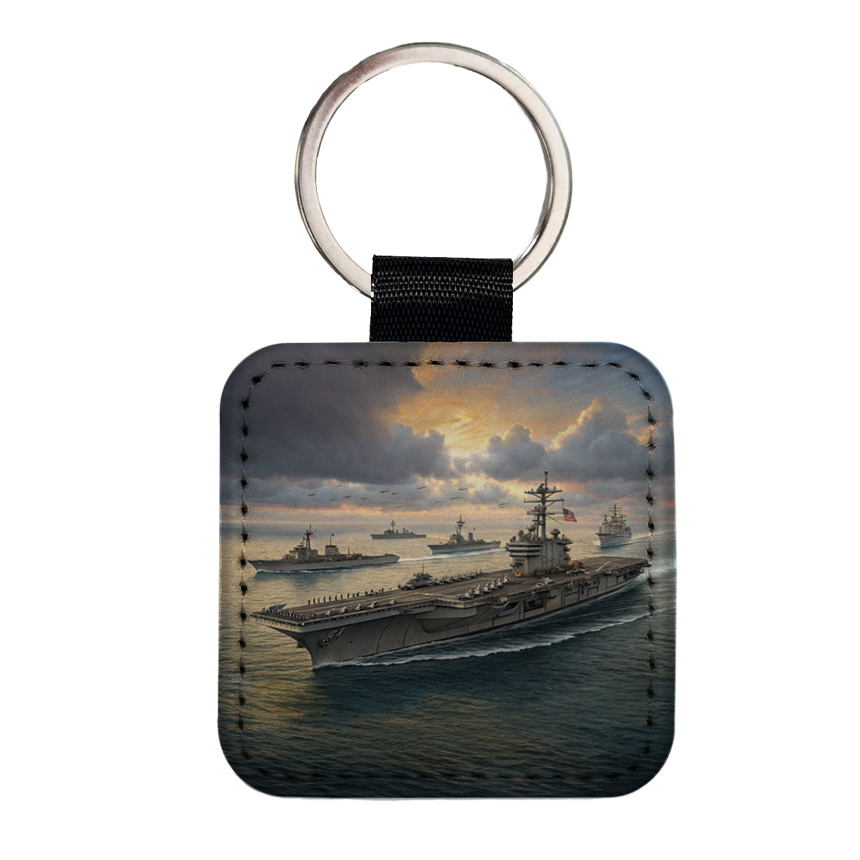US Navy Carrier Strike Group At Sea Illustration Square Faux Leather Keychain