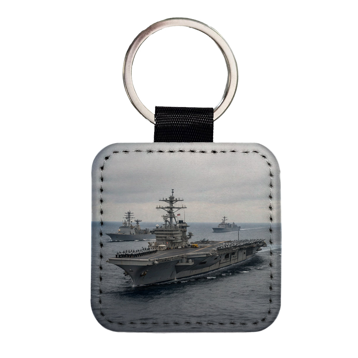 US Navy Carrier Strike Group Escorts At Sea Square Faux Leather Keychain