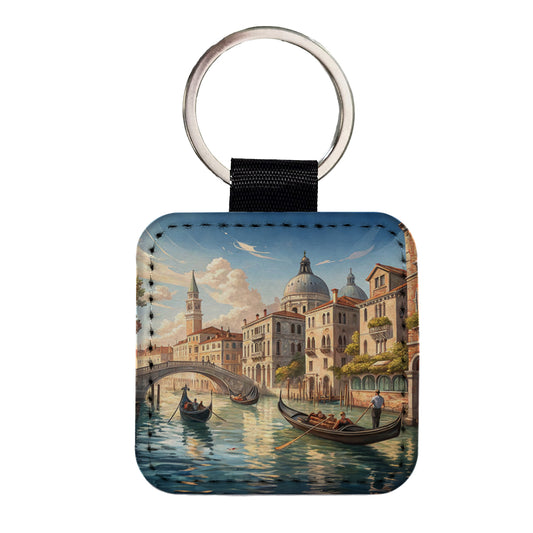 Venice Italy Canal Gondolas Square Faux Leather Keychain
