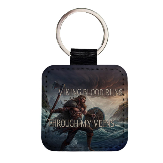 Viking Blood Runs Through My Veins Scandinavian Norse Warrior Square Faux Leather Keychain