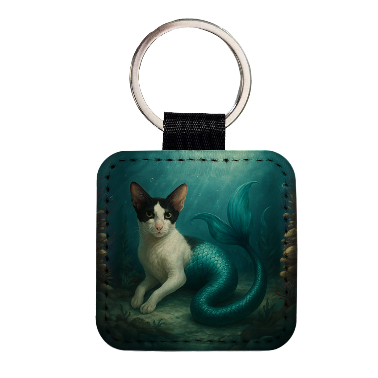 Vintage Oriental Shorthair Cat Mermaid Fantasy Painting Square Faux Leather Keychain
