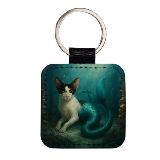 Vintage Oriental Shorthair Cat Mermaid Fantasy Painting Square Faux Leather Keychain