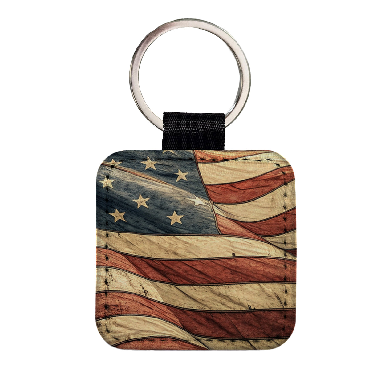 Waving Rustic American Flag Illustration Square Faux Leather Keychain