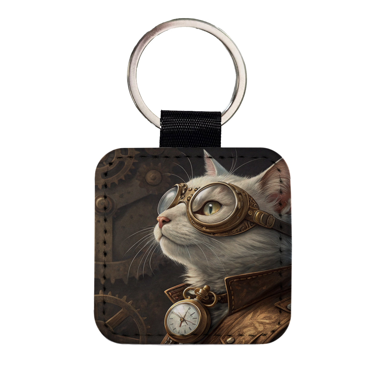 White Cat Steampunk Square Faux Leather Keychain