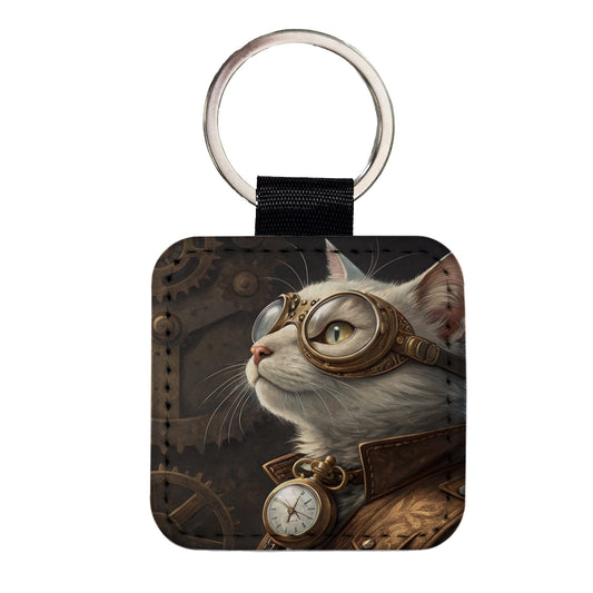 White Cat Steampunk Square Faux Leather Keychain