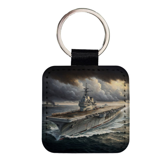 World War 2 WWII Navy Aircraft Carrier At Sea Square Faux Leather Keychain