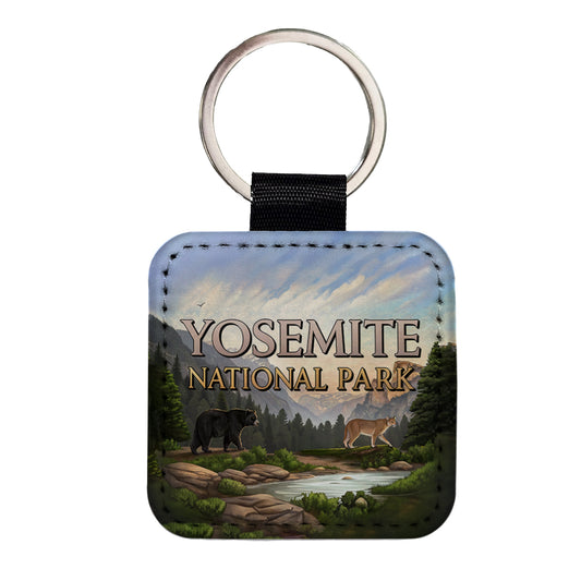 Yosemite National Park Animals Square Faux Leather Keychain