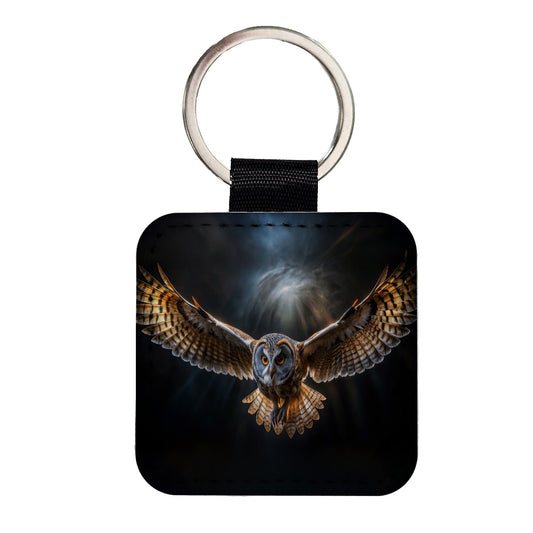 Barn Owl Flying At Night In The Dark Square Faux Leather Keychain