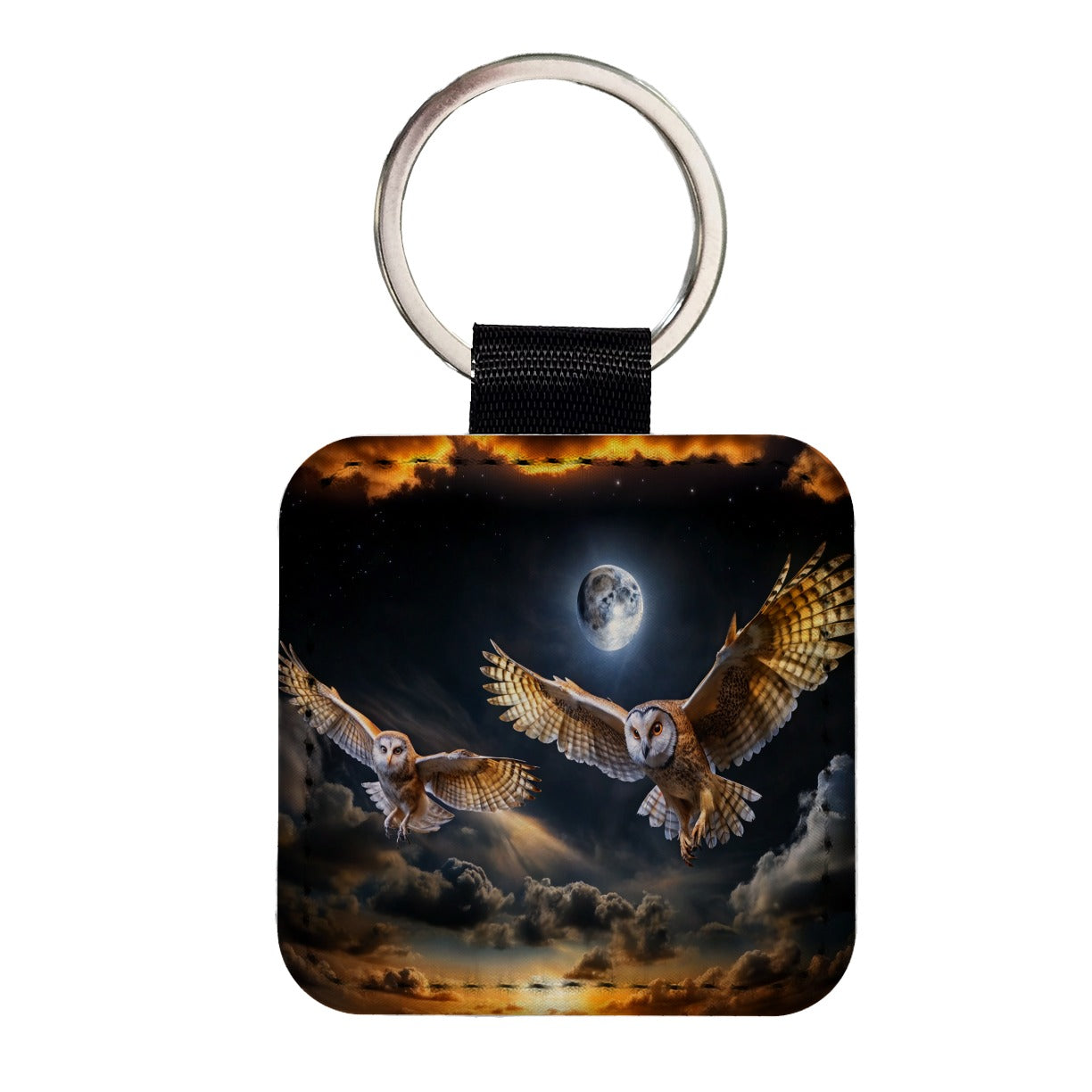Barn Owls Flying At Night Square Faux Leather Keychain