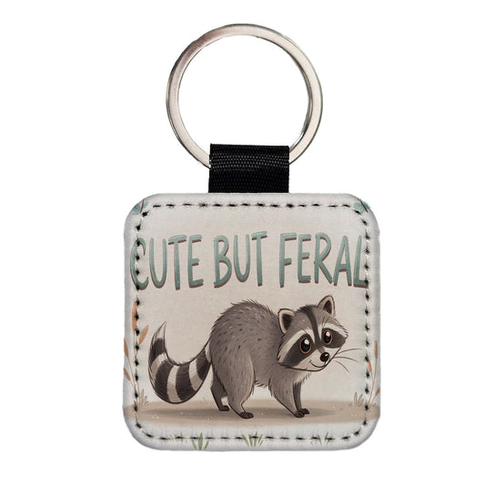 Cute But Feral Funny Raccoon Square Faux Leather Keychain