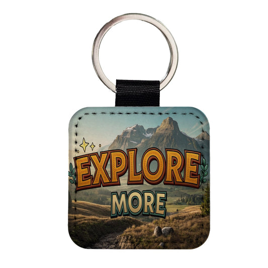 Explore More Hiking Camping Adventure Square Faux Leather Keychain