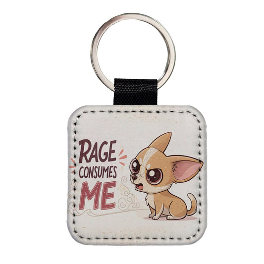Rage Consumes Me Funny Cute Chihuahua Cartoon Square Faux Leather Keychain