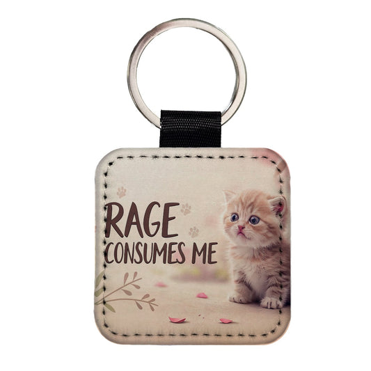 Rage Consumes Me Funny Cute Kitten Square Faux Leather Keychain