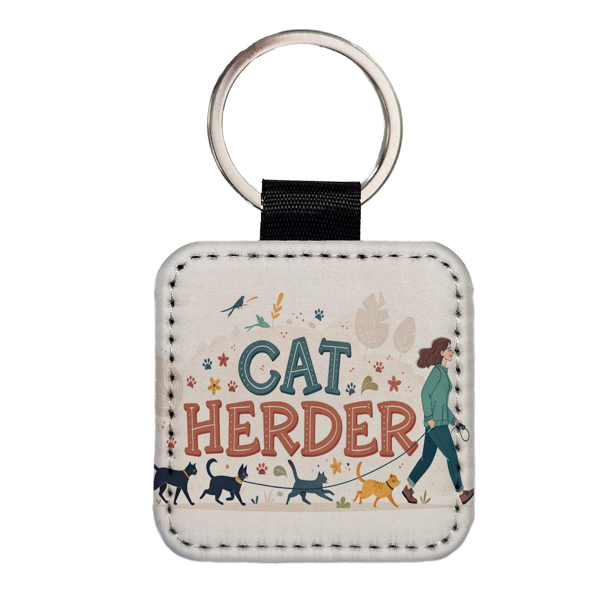 Cat Herder Herding Funny Square Faux Leather Keychain