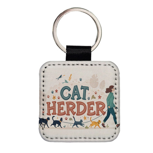 Cat Herder Herding Funny Square Faux Leather Keychain
