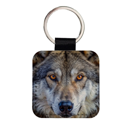 Close-up of Dire Wolf Face Square Faux Leather Keychain