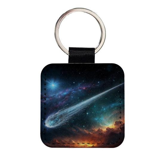 Comet Moving Through Space Square Faux Leather Keychain