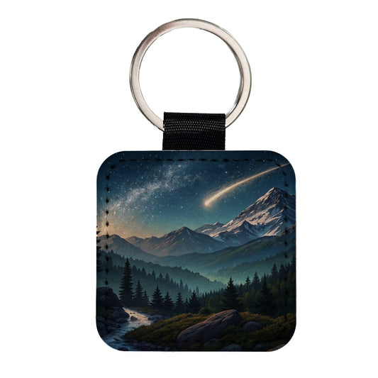 Comet Shooting Star In The Night Sky Over Mountains Square Faux Leather Keychain