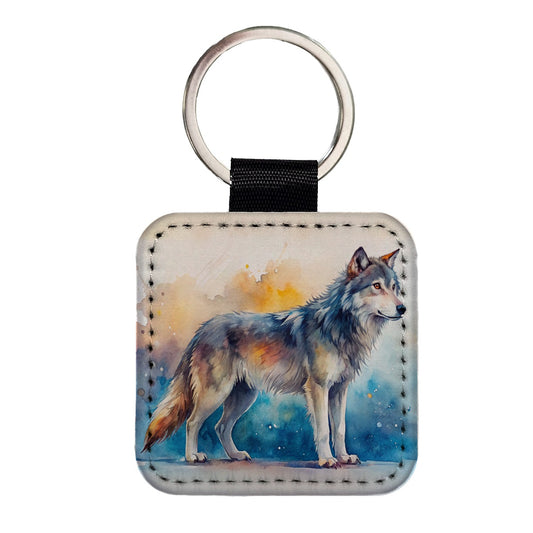 Dire Wolf Watercolor Square Faux Leather Keychain