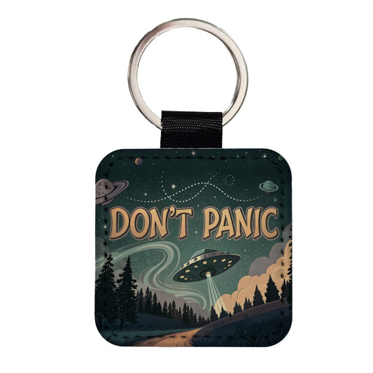 Don't Panic Retro UFO Invasion Funny Square Faux Leather Keychain